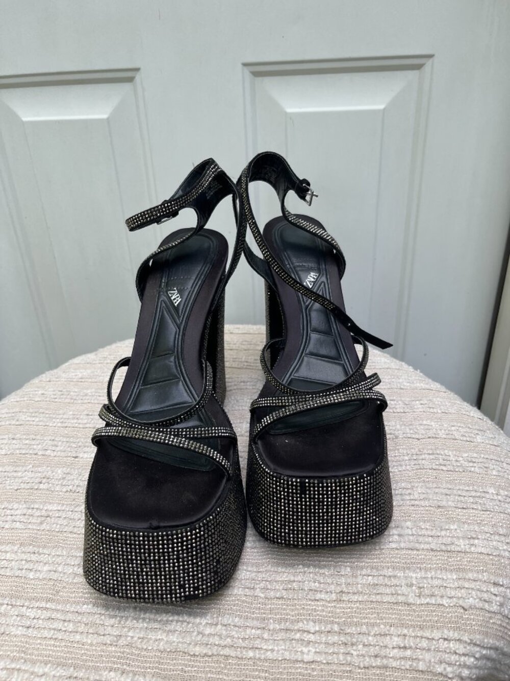 Zara Rhinestone Chunky High Heeled Platform Sandals Black & Silver Sz 41 10/10.5 - Picture 4 of 7